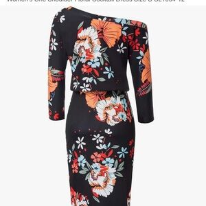 One-Shoulder Floral Cocktail Dress - Black with Orange & Blue Flowers